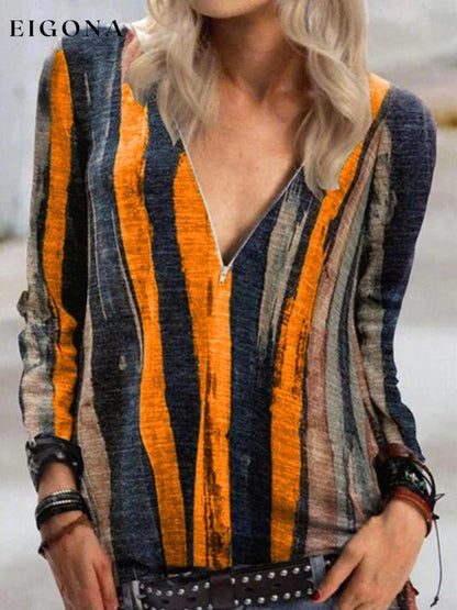 Women's Tie Dyed Striped V-neck Zip Shirt top tops