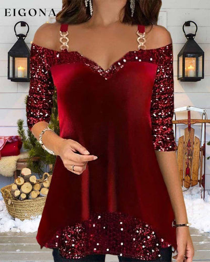 Off-the-shoulder sequined christmas top 2023 f/w 23BF blouses & shirts christmas Clothes spring