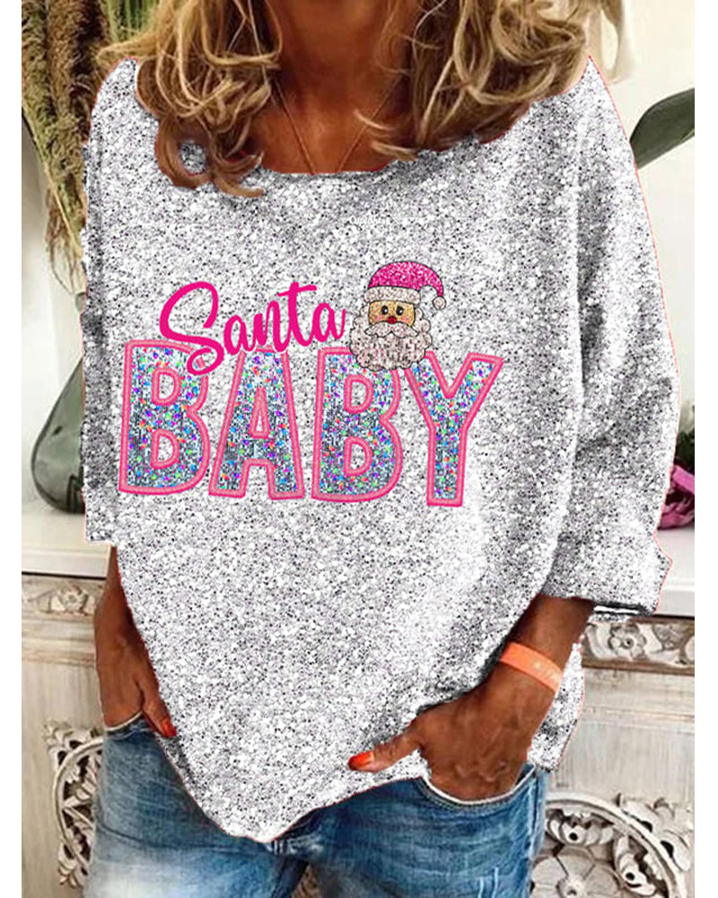 Women's Vintage Christmas Shiny Santa Baby Printed Long Sleeve Top 2024 f/w christmas hoodies & sweatshirts women's christmas