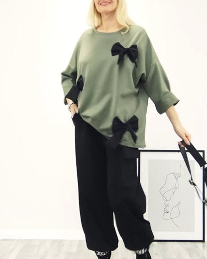 Casual solid color bow crew neck top 2024 f/w blouses & shirts