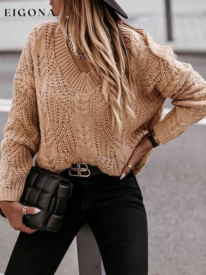 V-Neck Cable-Knit Long Sleeve Sweater Tan A@Y@M clothes Ship From Overseas