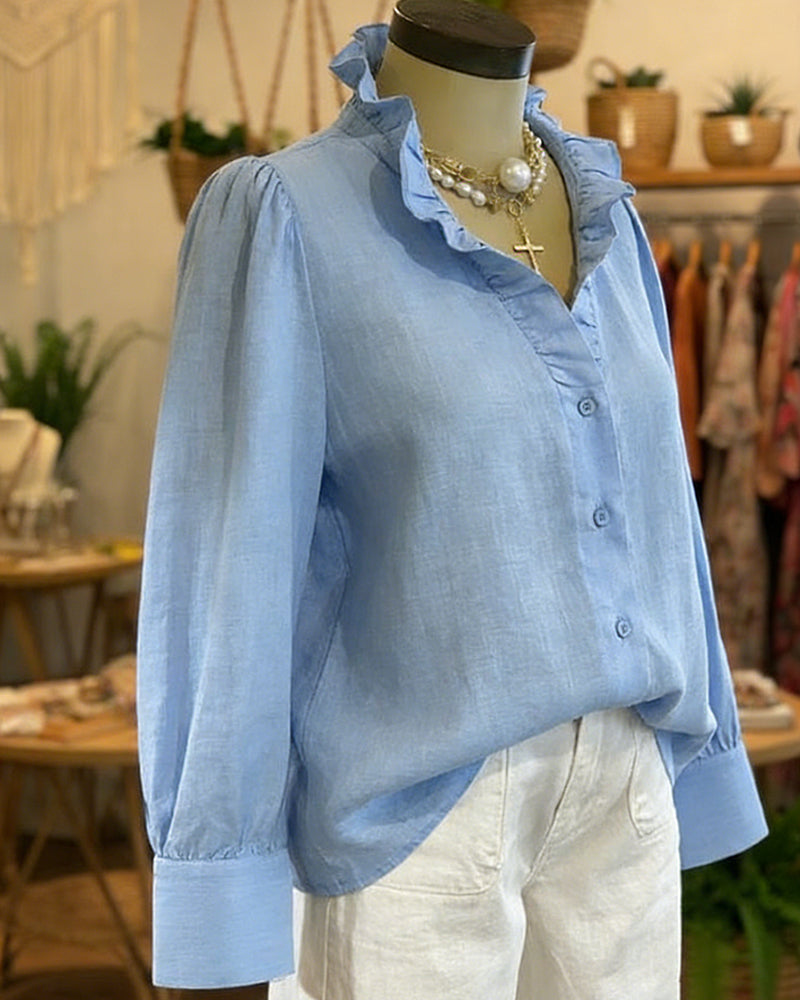 Elegant Lace Ruffle Linen Blouse