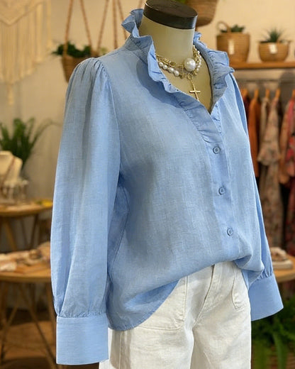 Elegant Lace Ruffle Linen Blouse