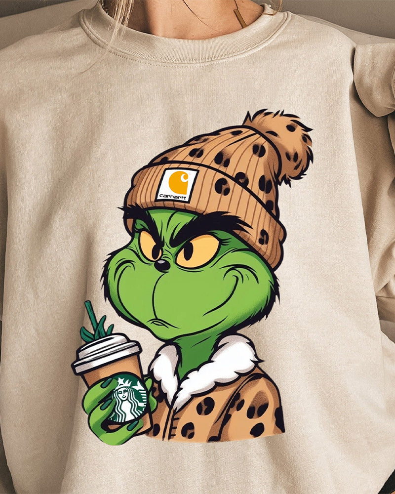 Grinch leopard print casual pullover sweatshirt 2024 f/w christmas sweatshirts