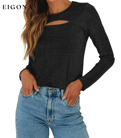 Black Sparkle Metallic Cut Out Long Sleeve Top All In Stock clothes Detail Cut Out DL Exclusive long sleeve shirt long sleeve shirts long sleeve top long sleeve tops Occasion Daily Print Solid Color Season Winter shirt shirts Style Elegant top tops
