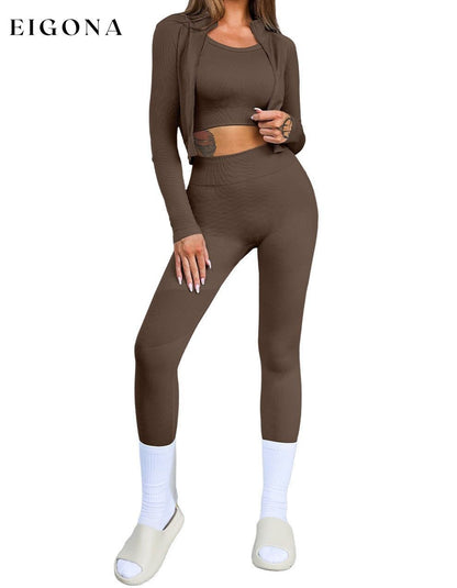 Brown Ribbed Knit 3pcs Sports Set clothes EDM Monthly Recomend Season Winter