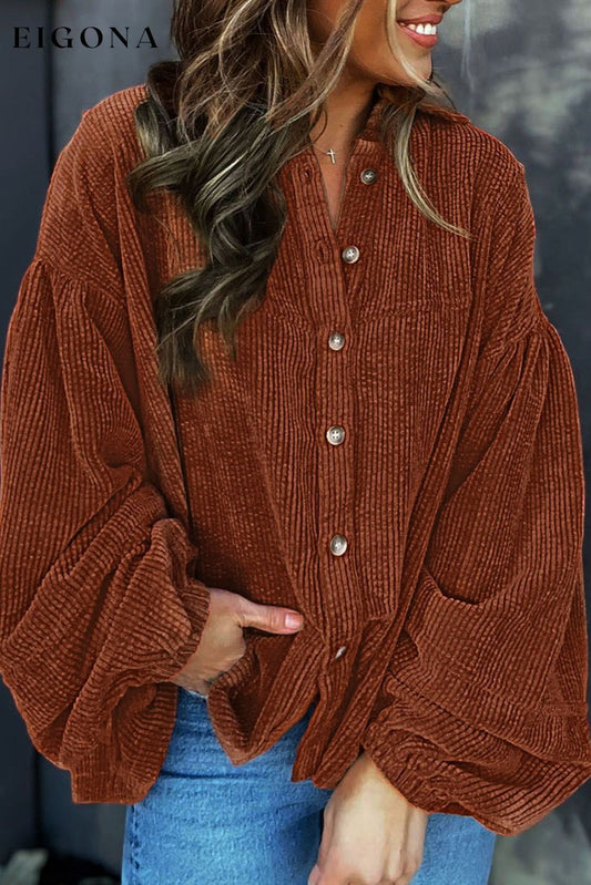 Coffee Textured Corduroy Puff Sleeve Shacket Coffee 100%Polyester clothes Fabric Corduroy Hot picks Occasion Daily Print Solid Color Season Fall & Autumn Style Western