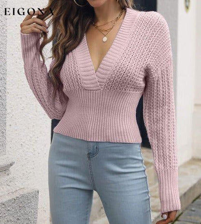 V-Neck Long Sleeve Cropped Sweater Blush Pink clothes M.Y.C Ship From Overseas