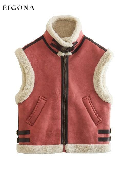 Contrast Zip Up Fleece Vest Red Orange clothes K&BZ Ship From Overseas