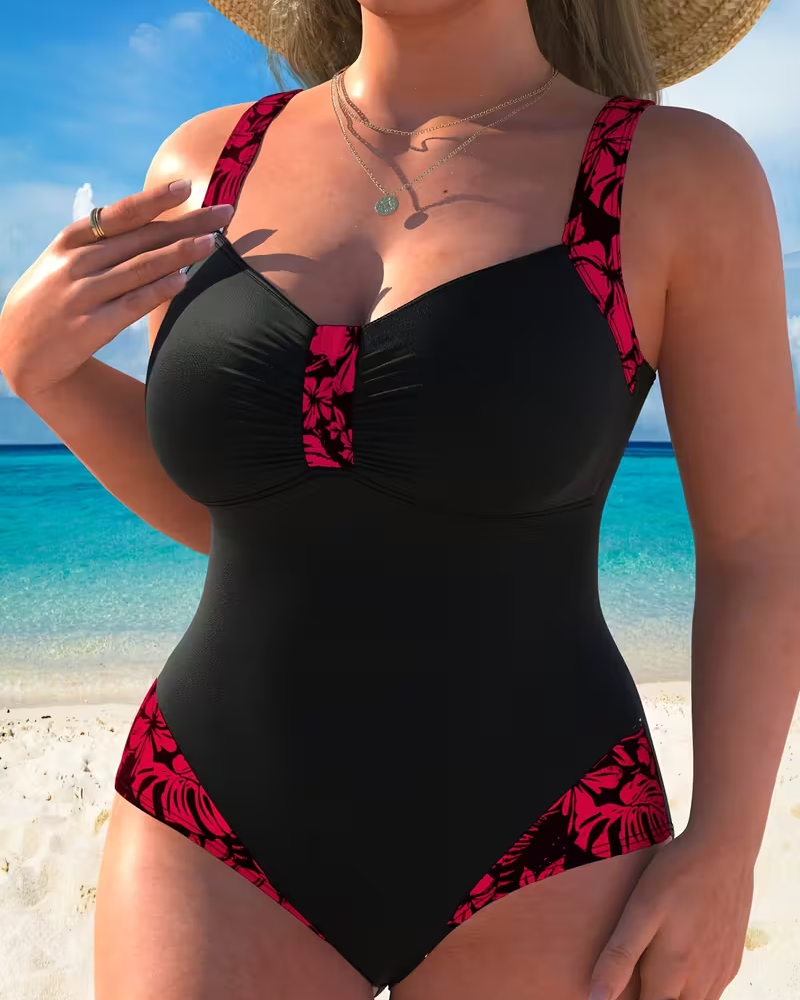 Contrast Color Belly-Covering Suspender One-Piece