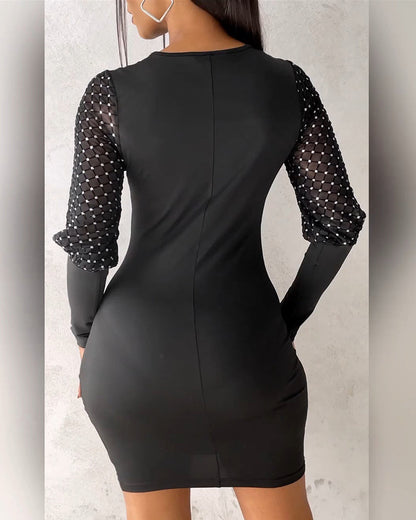Solid Color Mesh Long-Sleeved Dress