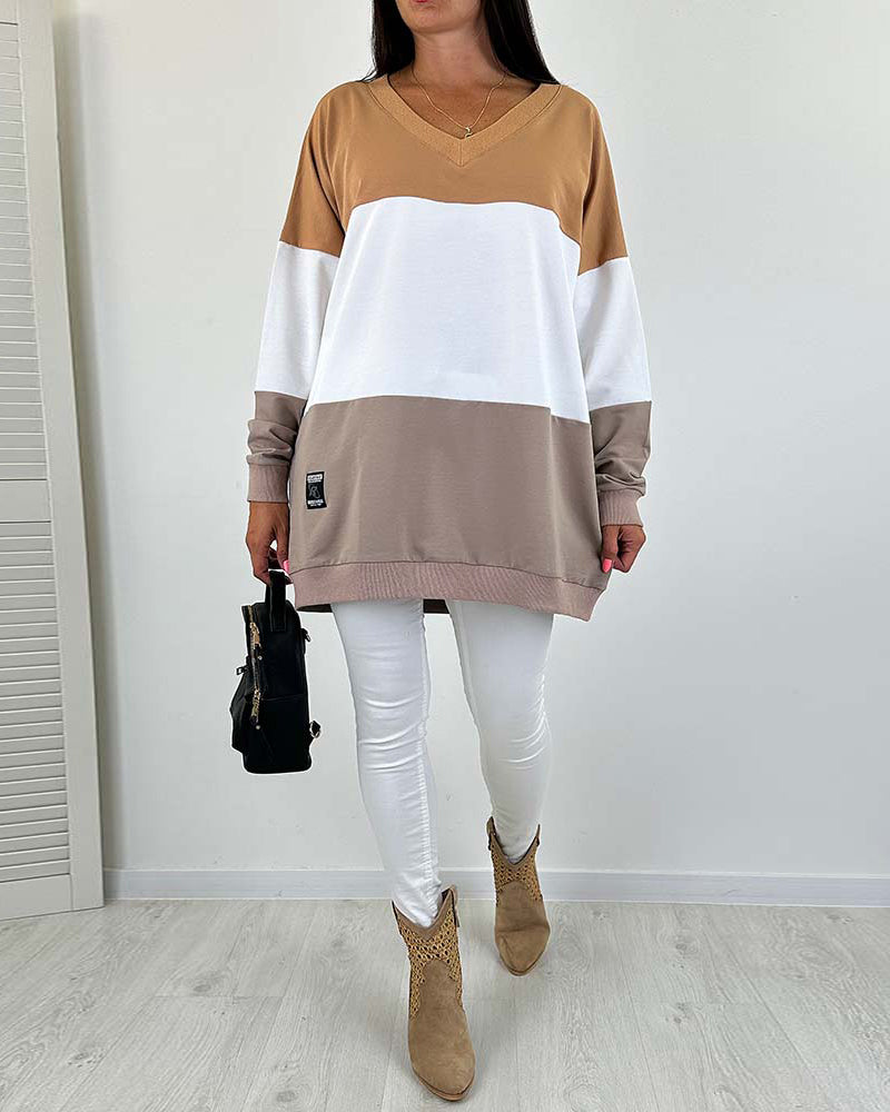 Casual color block printed V-neck loose sweatshirt 2024 f/w spring sweatshirts