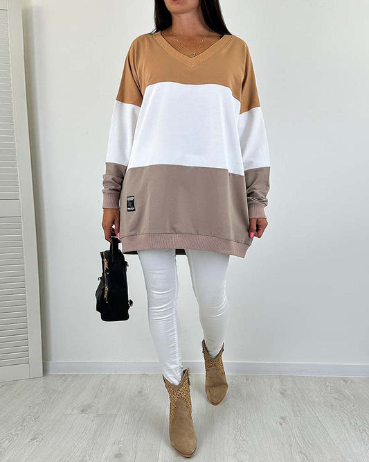 Casual color block printed V-neck loose sweatshirt 2024 f/w spring sweatshirts