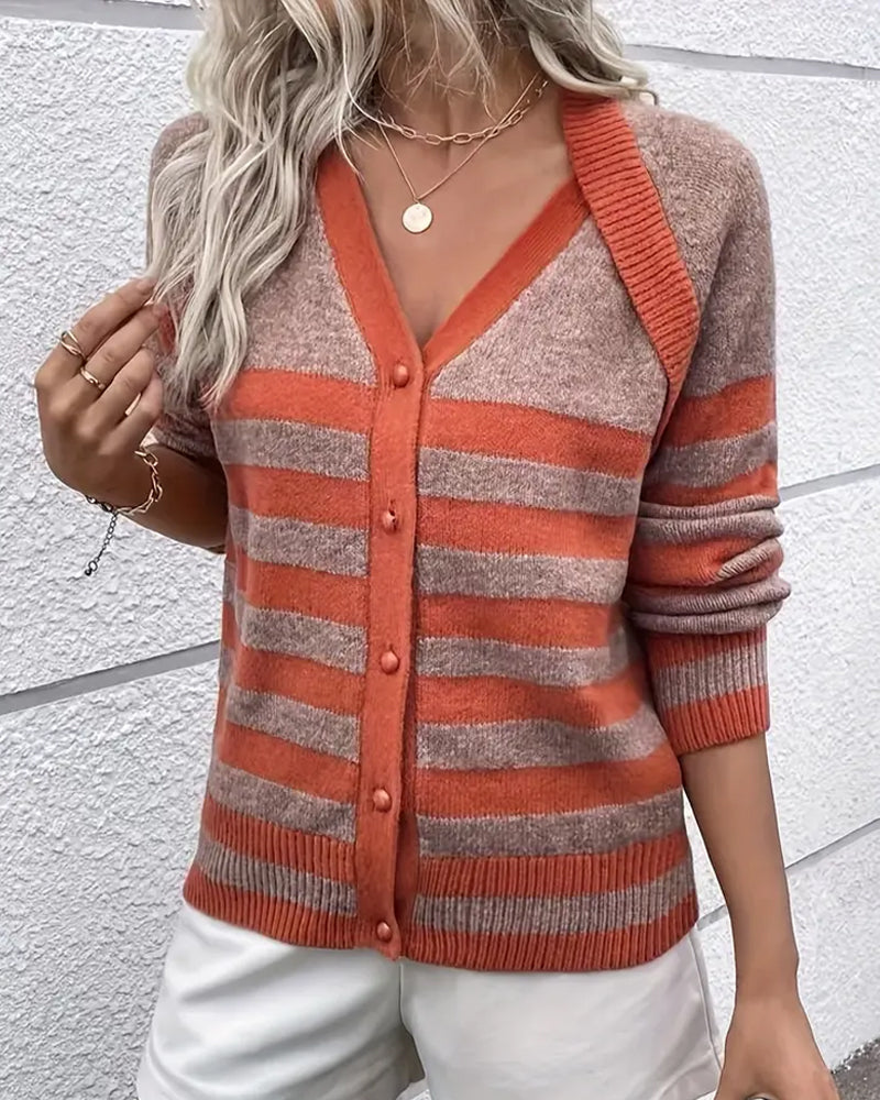 Long-Sleeved Striped V-Neck Cardigan