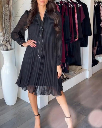 Solid Color V-Neck Ribbon Dress