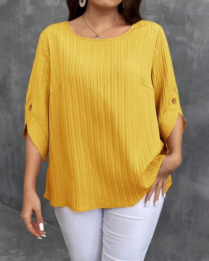 Round Neck Pleated Short Sleeve Blouse