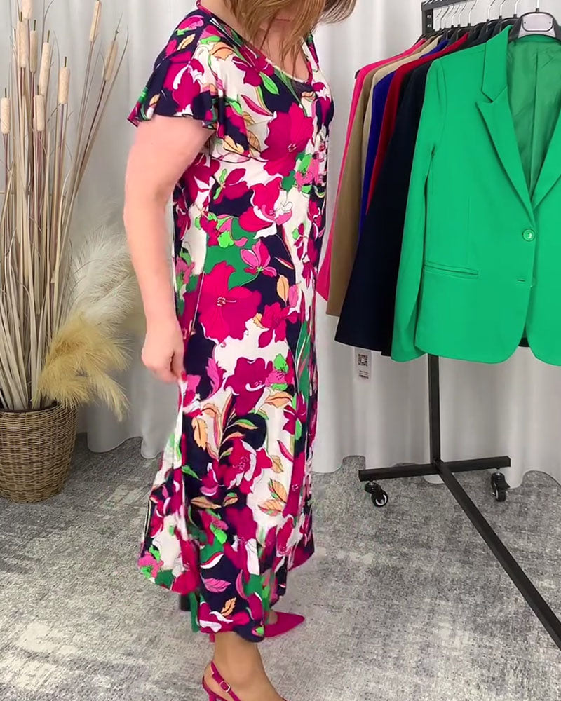 Kleid mit buntem Blumendruck und V-Ausschnitt