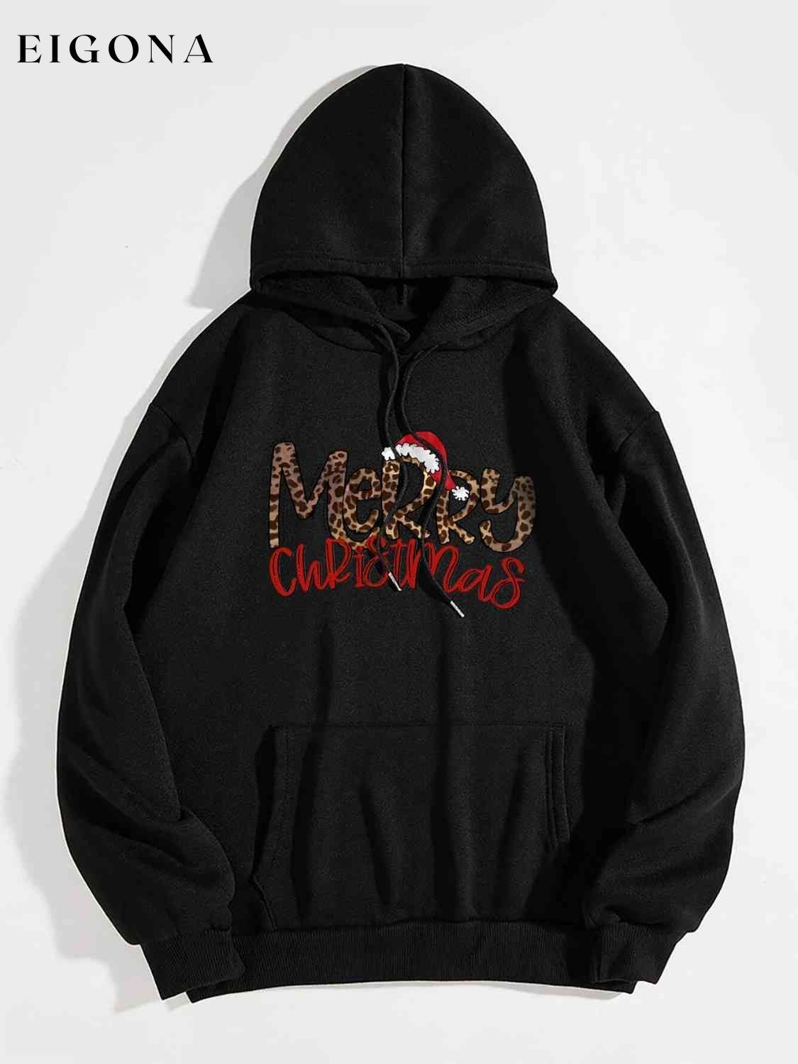 MERRY CHRISTMAS Graphic Drawstring Hoodie Black Christmas christmas sweater clothes E@M@E Ship From Overseas