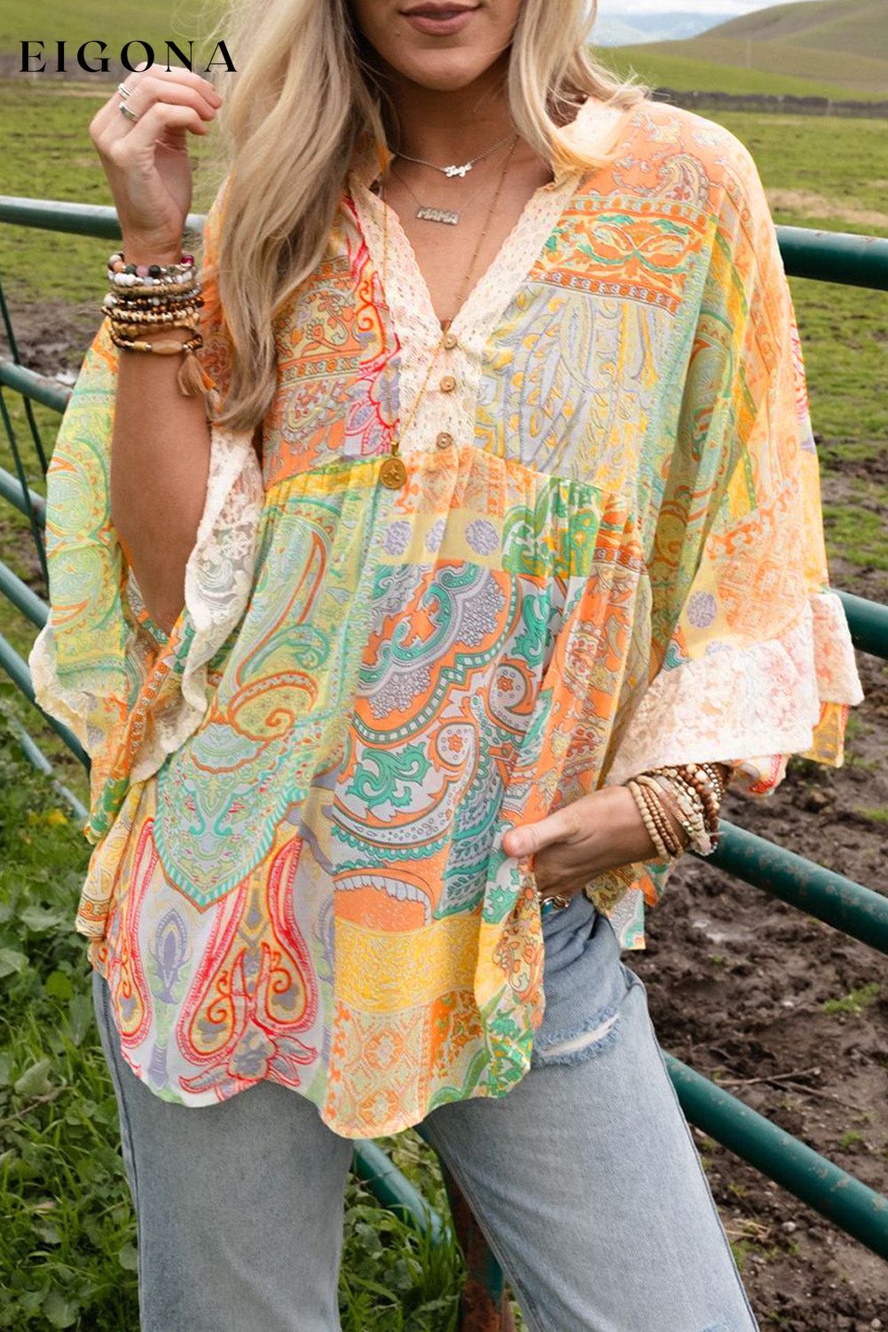 Multicolor Paisley Print Bell Sleeve Lace V-Neck Button Sheer Blouse All In Stock Best Sellers clothes Early Fall Collection long sleeve shirt long sleeve shirts long sleeve top long sleeve tops Occasion Daily Print Paisley Season Spring shirt shirts Style Bohemian top tops