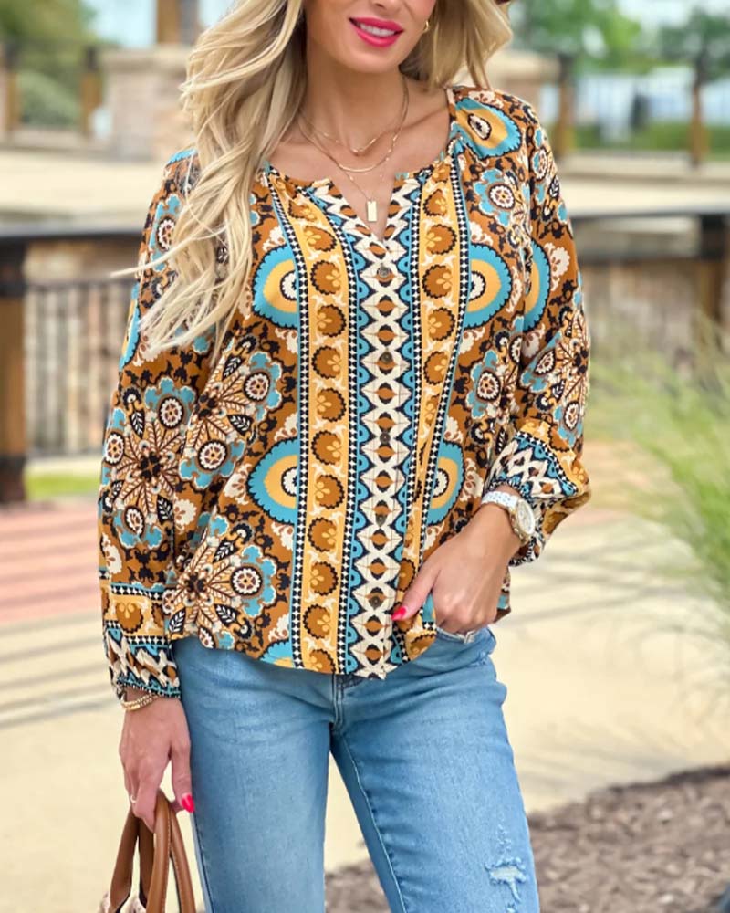 Retro printed lantern sleeve blouse 2024 f/w blouses & shirts spring