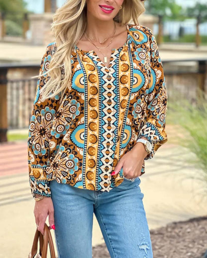 Retro printed lantern sleeve blouse 2024 f/w blouses & shirts spring