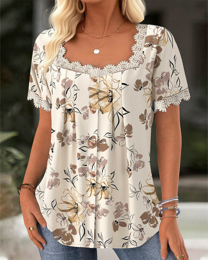 Lässige Bluse mit Plissierung und Print und quadratischem Ausschnitt