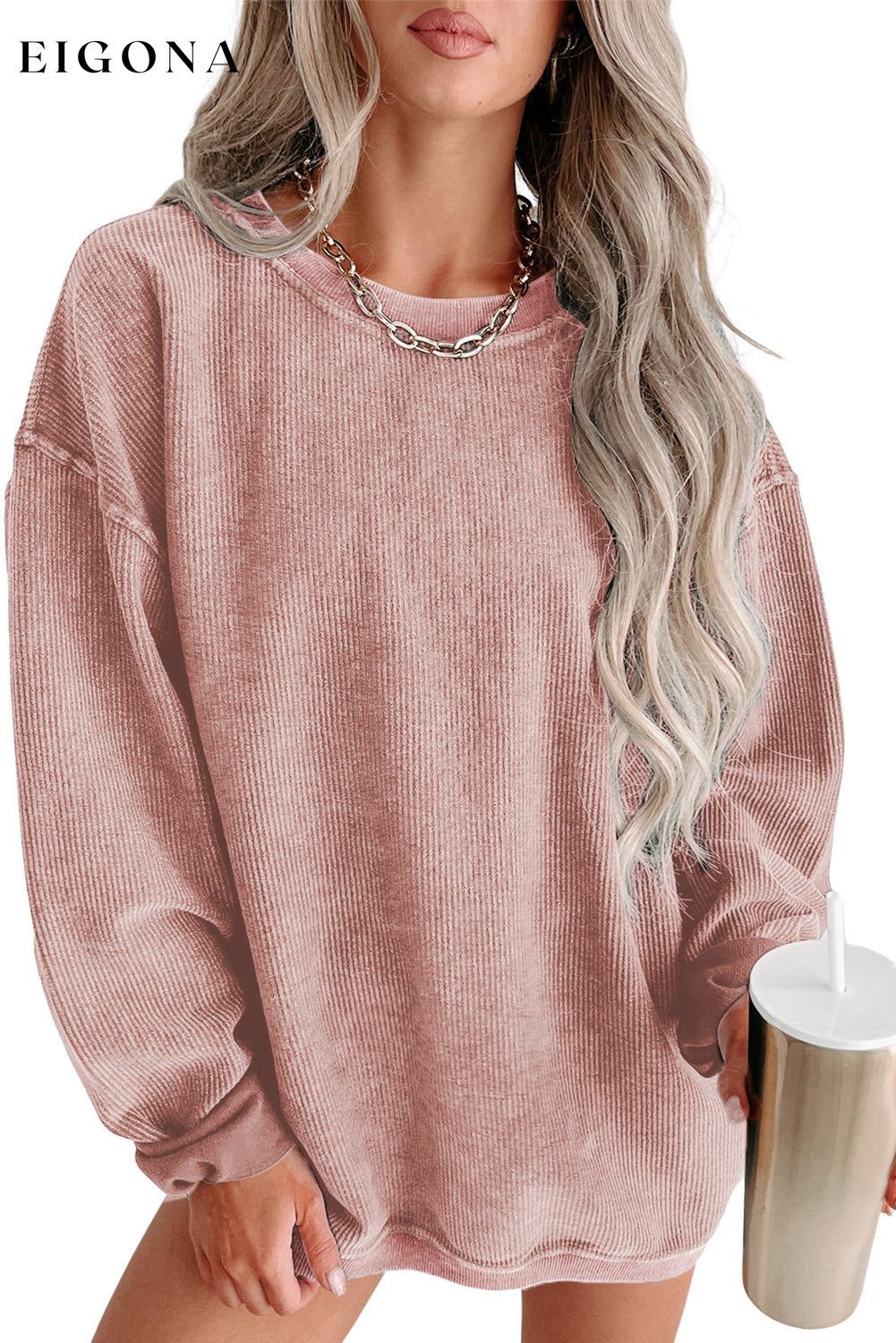 Pink Solid Ribbed Knit Round Neck Pullover Sweatshirt All In Stock Best Sellers clothes Color Pink Fabric Corduroy Hot picks long sleeve shirt Occasion Daily Print Solid Color Season Fall & Autumn shirts Style Casual Sweater sweaters tops