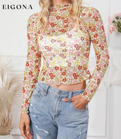 Floral Mock Neck Long Sleeve Blouse Multicolor clothes long sleeve shirt long sleeve shirts long sleeve top long sleeve tops Ship From Overseas shirt shirts SYNZ top tops