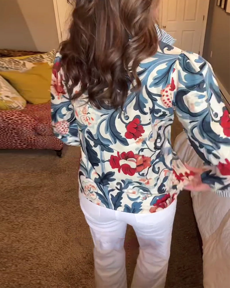 Bluse mit Puffärmeln und Blumenstreifen