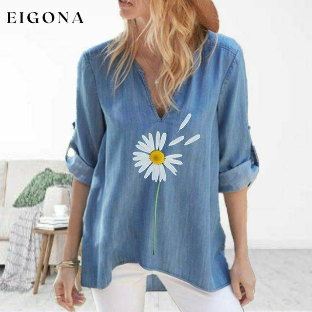 【Cotton And Linen】Daisy Print Casual Blouse Blue best Best Sellings clothes Cotton and Linen Plus Size Sale tops Topseller