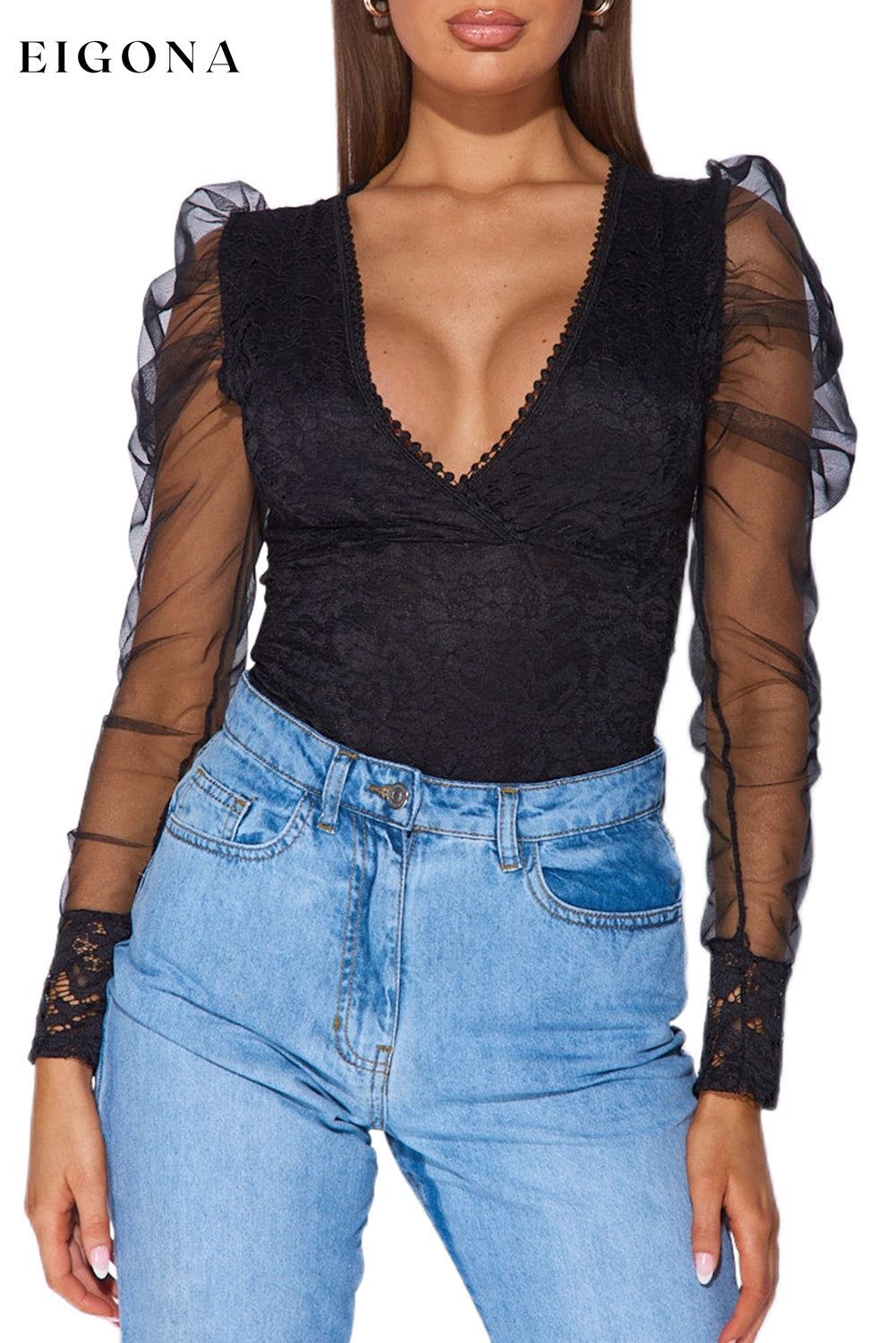 Black V Neck Lace Sheer Puff Sleeve Bodysuit blouse clothes DL Chic DL Exclusive puff sleeve shirt Season Spring top v neck shirt