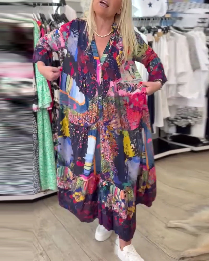 Trumpet Sleeve Loose Print Swing Dress