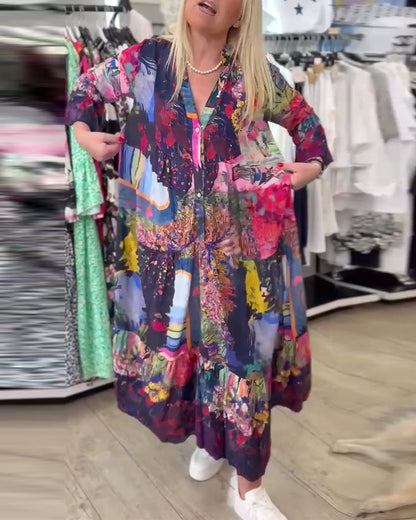 Trumpet Sleeve Loose Print Swing Dress