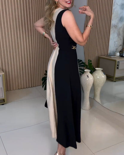 Sleeveless Contrast Color Elegant Waist Dress