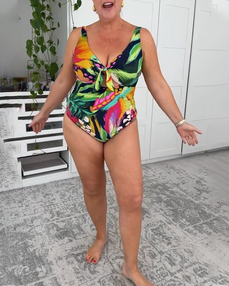 Einteiliger Badeanzug mit Blattmuster