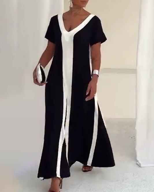 Temperamentvolles Kleid mit V-Ausschnitt und Kontrastfarbe