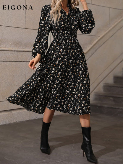 Printed Smocked Waist Notched Neck Midi Dress clothes Hanny Ship From Overseas Shipping Delay 09/29/2023 - 10/04/2023 trend