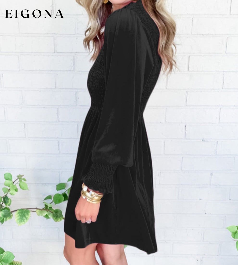 Black Frilled Neck Smocked Bodice Velvet Dress All In Stock casual dress casual dresses clothes Detail Ruffle dress dresses Fabric Velvet Hot picks long sleeve dress long sleeve dresses Occasion Daily Print Solid Color Season Winter short dresses Style Southern Belle