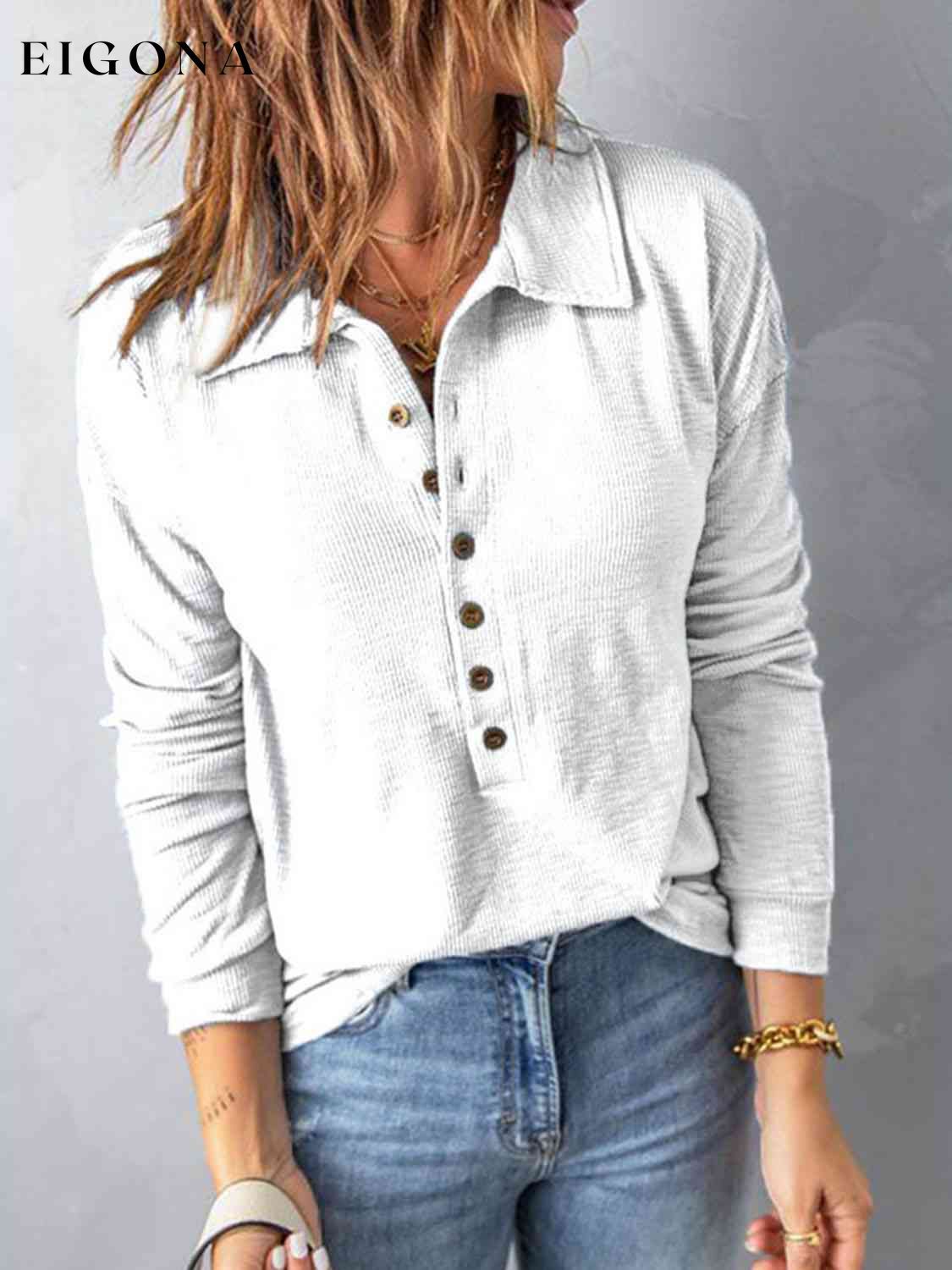 Collared Neck Half Button Top White clothes Ship From Overseas Y@S@M