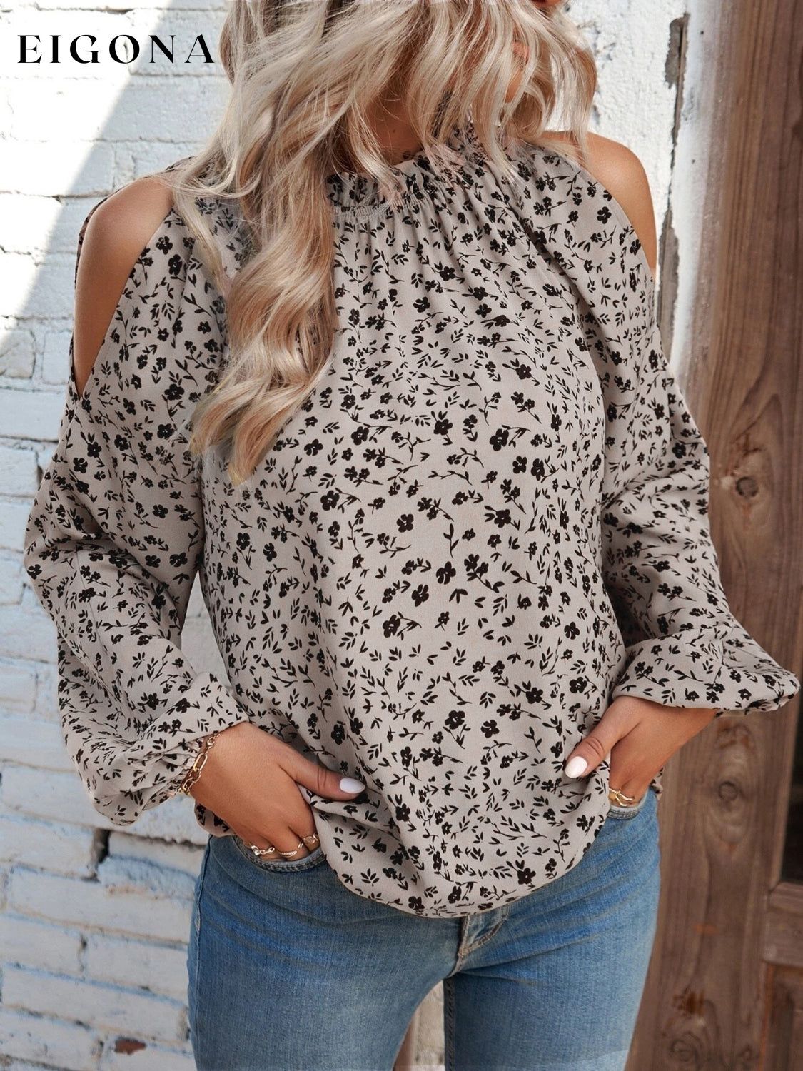 Floral Cold-Shoulder Blouse blouse clothes G@S long sleeve shirt Ship From Overseas Shipping Delay 09/29/2023 - 10/04/2023 shirts