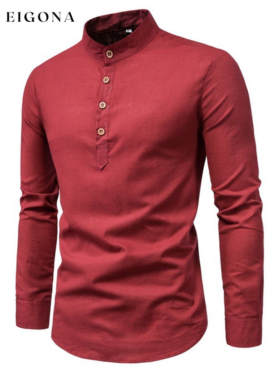 Men's Solid Color Button Stand Collar Long Sleeve Cotton Linen POLO Shirt men s linens