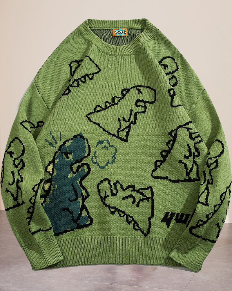 Dinosaur pattern crew neck casual sweater 2024 f/w pullovers