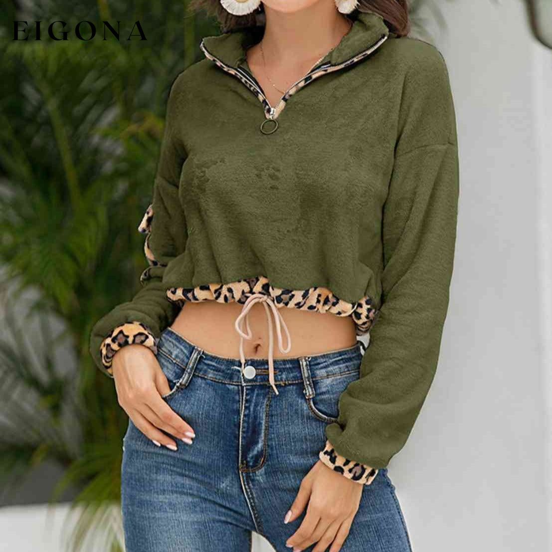 Leopard Half Zip Drawstring Cropped Sweatshirt Army Green clothes L@X@G Ship From Overseas