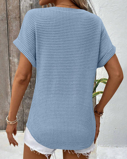 Women's Waffle Knit V-Neck Casual Summer T-shirt