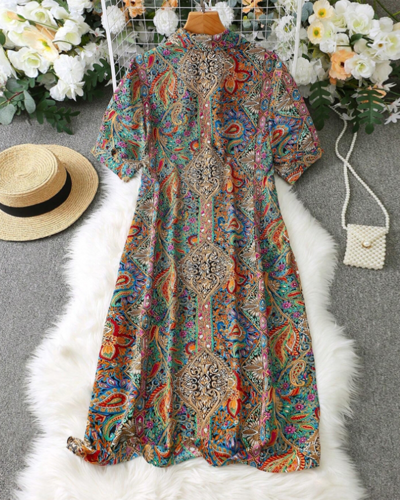 Lapel buttoned retro colorful dress casual dress summer