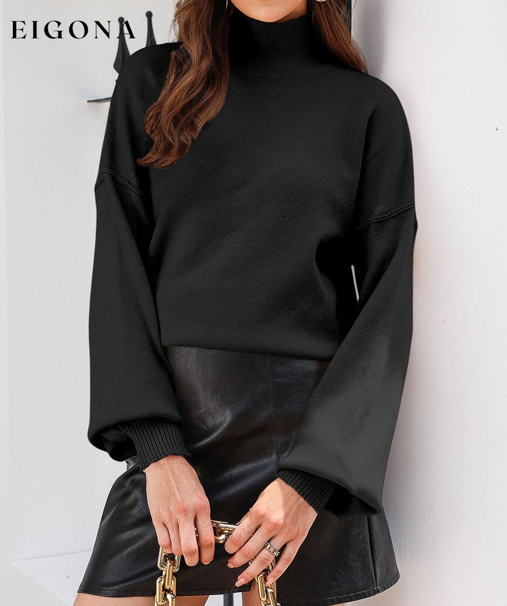 Black Turtleneck Drop Shoulder Bubble Sleeve Knit Sweater All In Stock black sweaters clothes long sleeve dresses long sleeve shirts long sleeve top Occasion Daily Print Solid Color Season Winter Style Elegant