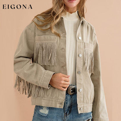 Fringe Detail Dropped Shoulder Denim Jacket clothes DE.O.Z.X Ship From Overseas Shipping Delay 09/29/2023 - 10/06/2023 trend