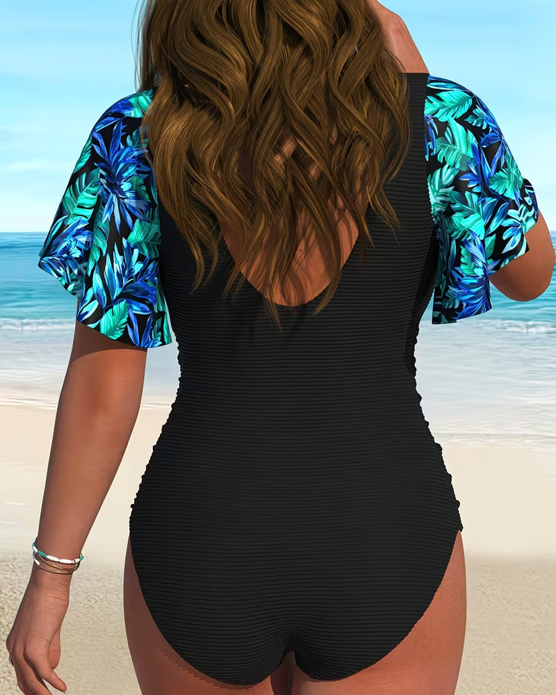 Color Block Ruffle Sleeve Drawstring One-Piece