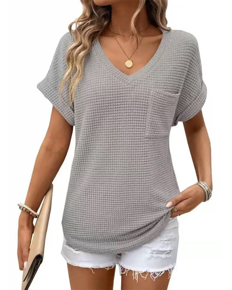 Women's Waffle Knit V-Neck Casual Summer T-shirt