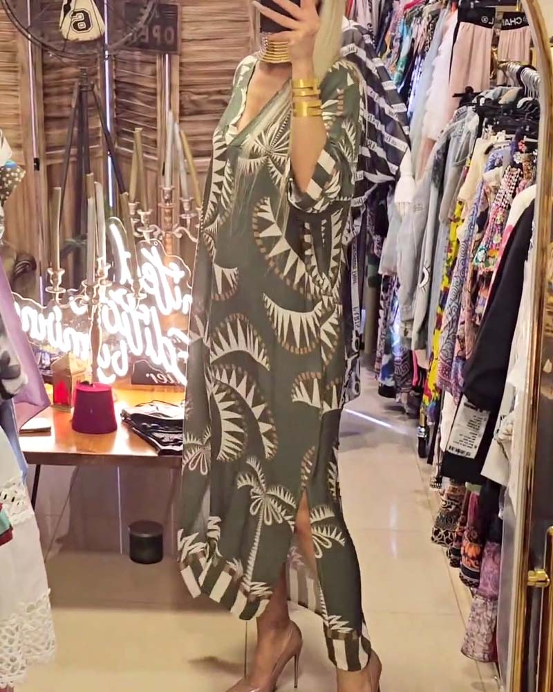 Vintage botanical print deep V slit dress casual dresses spring summer